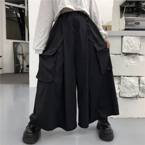 Брюки-карго женские в стиле Харадзюку, свободные повседневные штаны полной длины в японском стиле, уличная одежда с карманами, черные эластичные штаны Ins для пар, весна-осень
