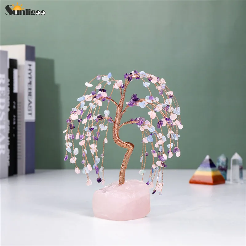 

Sunligoo Reiki восстанавливающие хрустальные украшения для дерева с основанием из розового кварца, драгоценный камень, чакра, аметист, деньги, дерево фэн-шуй, домашний декор