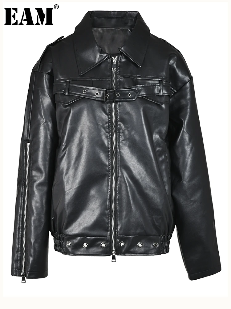 

[EAM] Loose Fit Black Zipper PU Leather Big Size Jacket New Lapel Long Sleeve Women Coat Fashion Tide Spring Autumn 2023 1DH1450