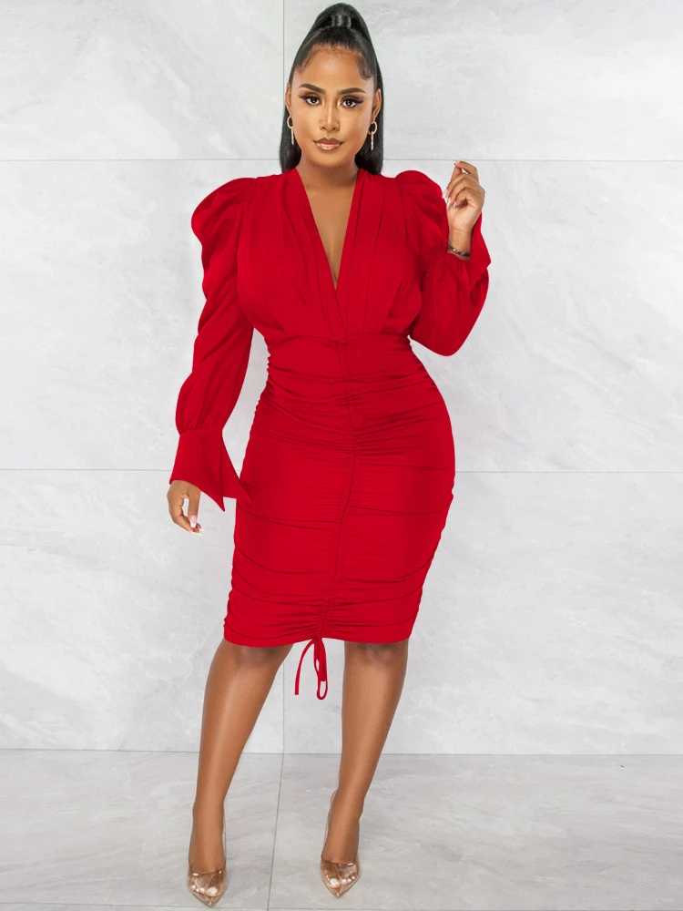 Fashion casual solid color long sleeve pleated V-neck dress female plus size women clothing dress