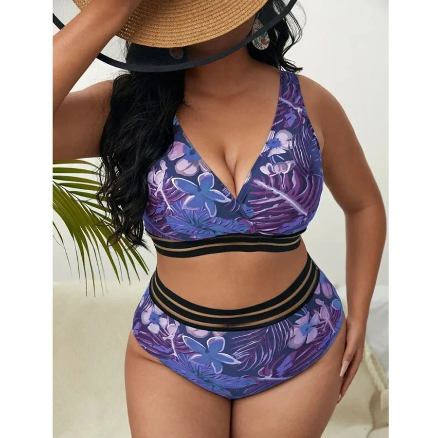 

New 2023 Woman Large Size Swimsuit Print Bikinis Set Sexy V Neck Swimwear High Waist Brazilian Bathing Suits