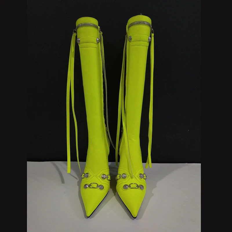 Sexy Veined Metal Cone Rivets Studs Knee Boots Woman Long Tassel Pointed Toe Fluorescent Leather Runway Boots Woman Knight Boots