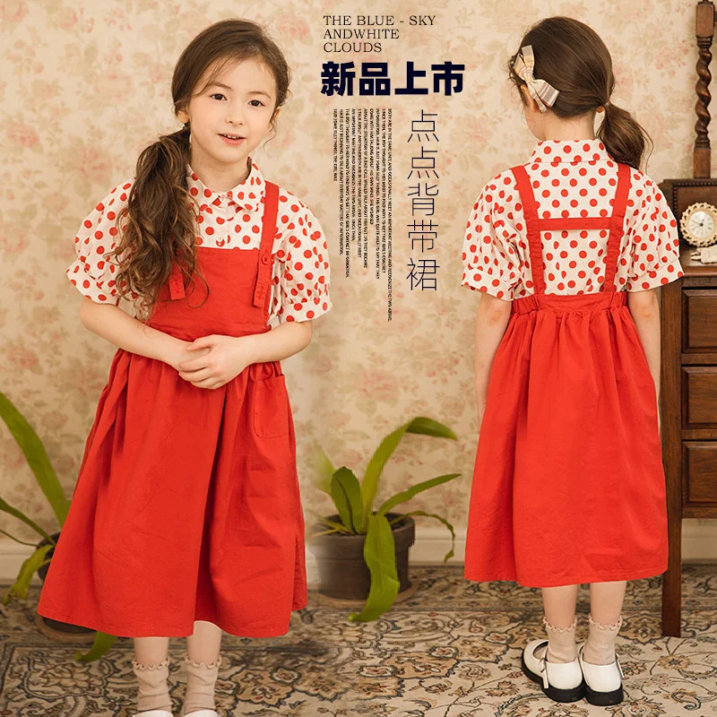 

Girls Red Dress Summer 2022 New Korean Outfits Fashionable Solid Children Clothing Shirt Polka Dot Two Piece Skirt Set Vacation