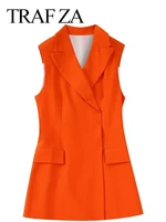 traf za fashion slim chic dark button sleeveless design womens suit top orange commuter daily work convenience ladies blazer