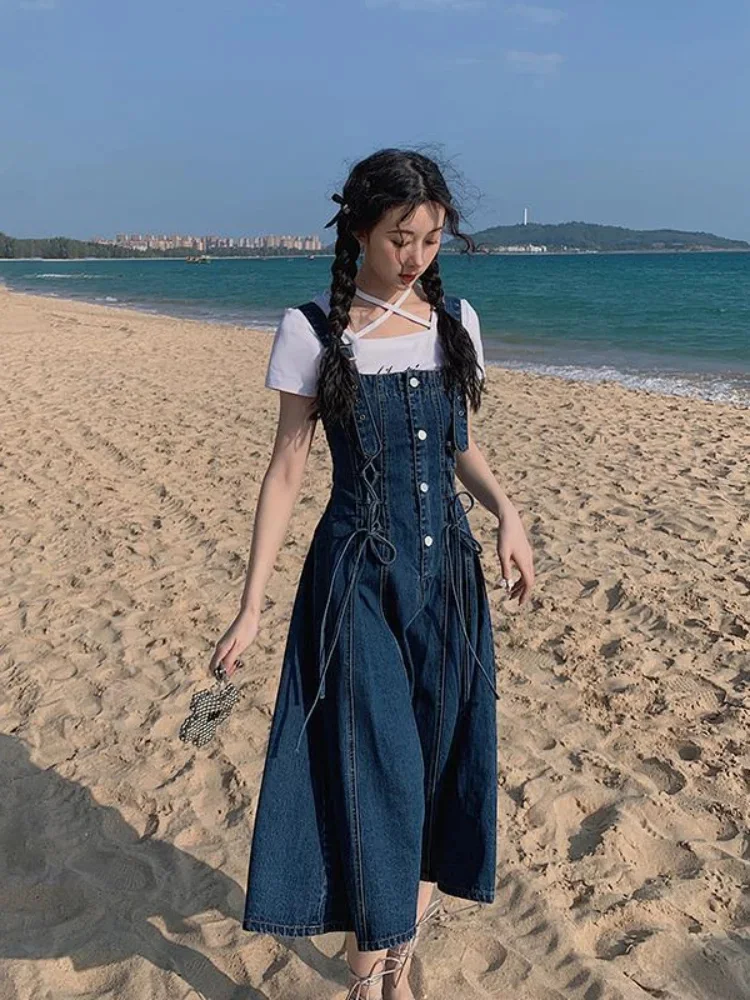 

New Vintage Fashion Denim Strap Dress for Women 2023 Summer A-line Square Collar Draw String Single Breasted Blue Dresses