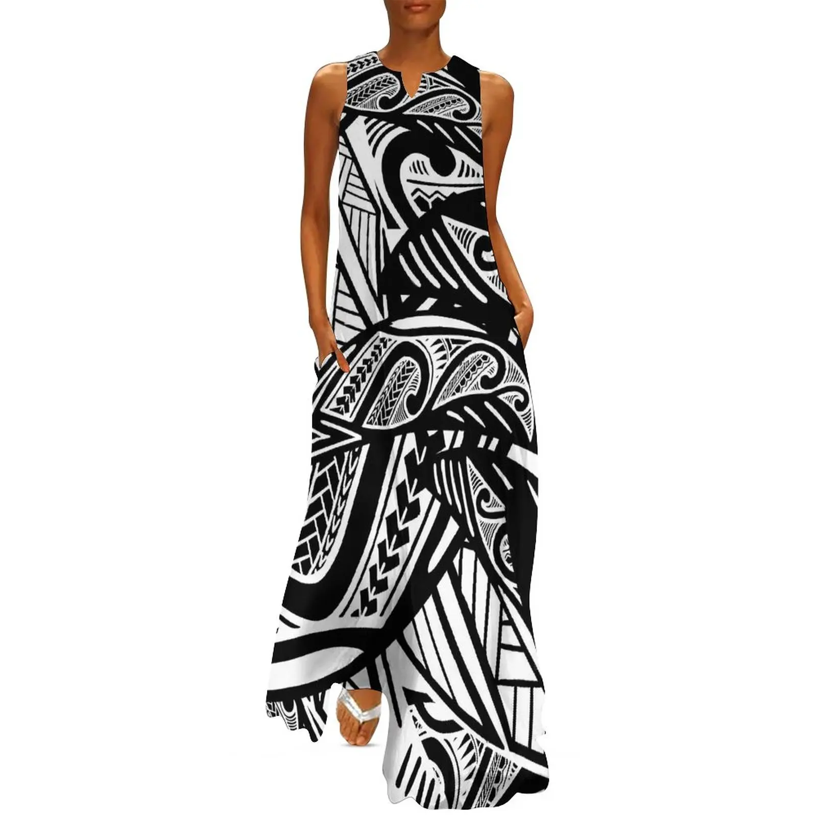 

Retro Tribal Print Dress Summer Black And White Streetwear Bohemia Long Dresses Female Vintage Maxi Dress Birthday Gift