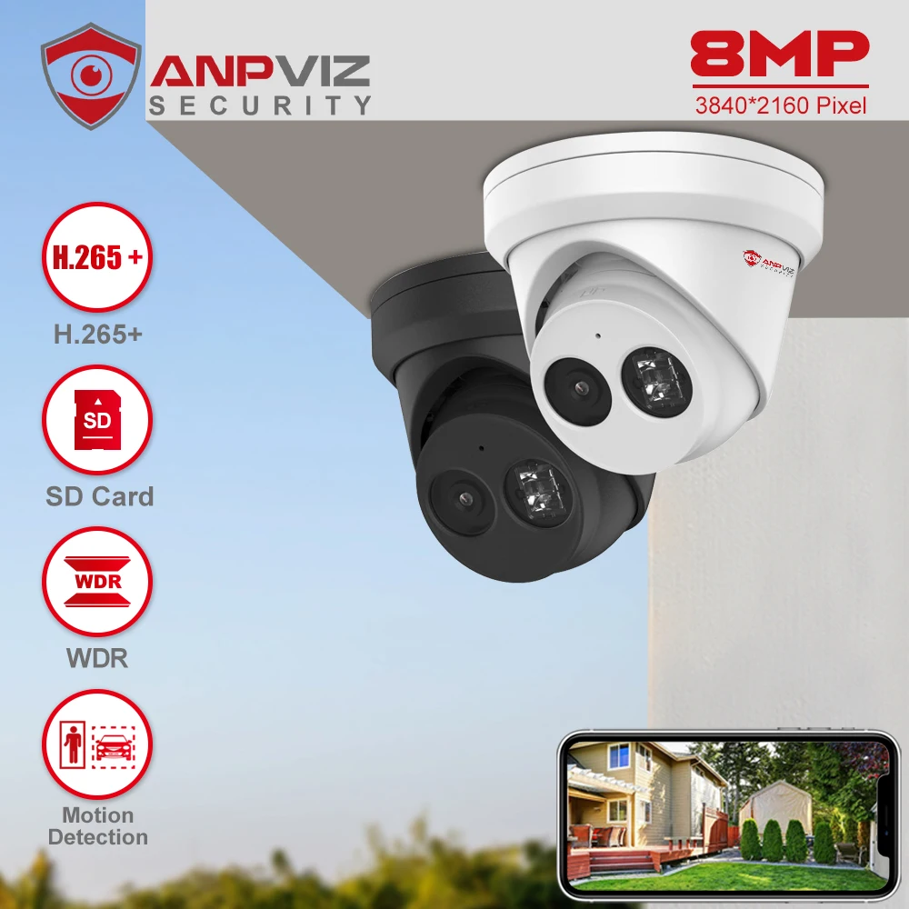 

Anpviz 8MP POE IP Turret Camera Outdoor Night Vision 30m CCTV Video Surveillance IP67 Max 512GB SD Card Motion Detection 2.0