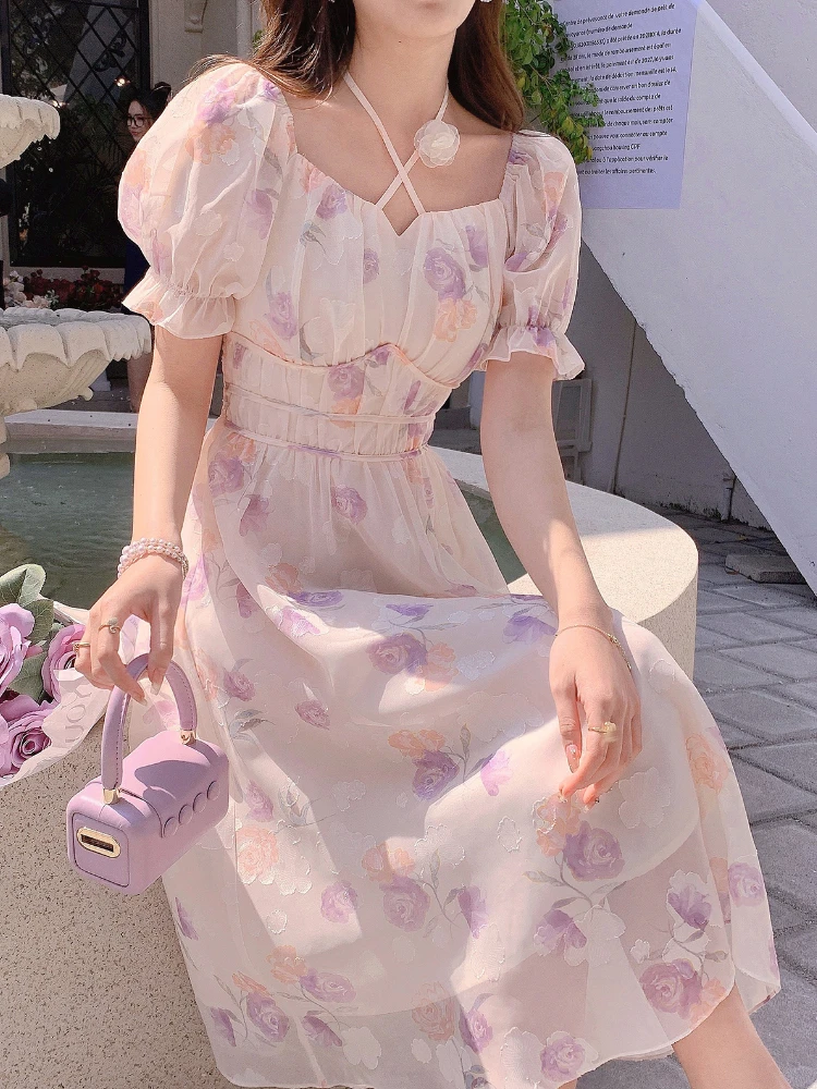 

Женское шифоновое платье миди, элегантное миди-платье с квадратным вырезом, пышными рукавами и цветочным принтом, лето 2022