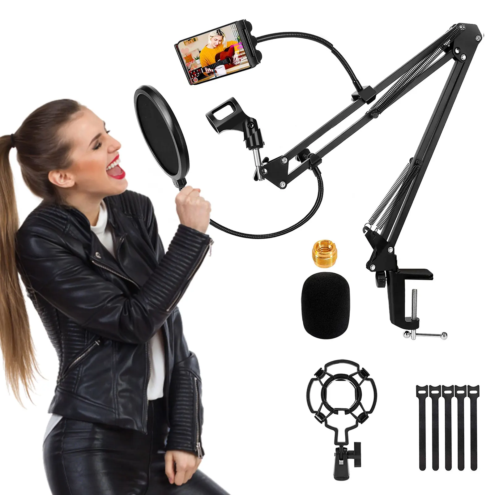 

Сверхмощная подставка для микрофона, регулируемая подвесная стрела, ножничная подставка для микрофона с микрофоном, фильтром поп с ударопр...