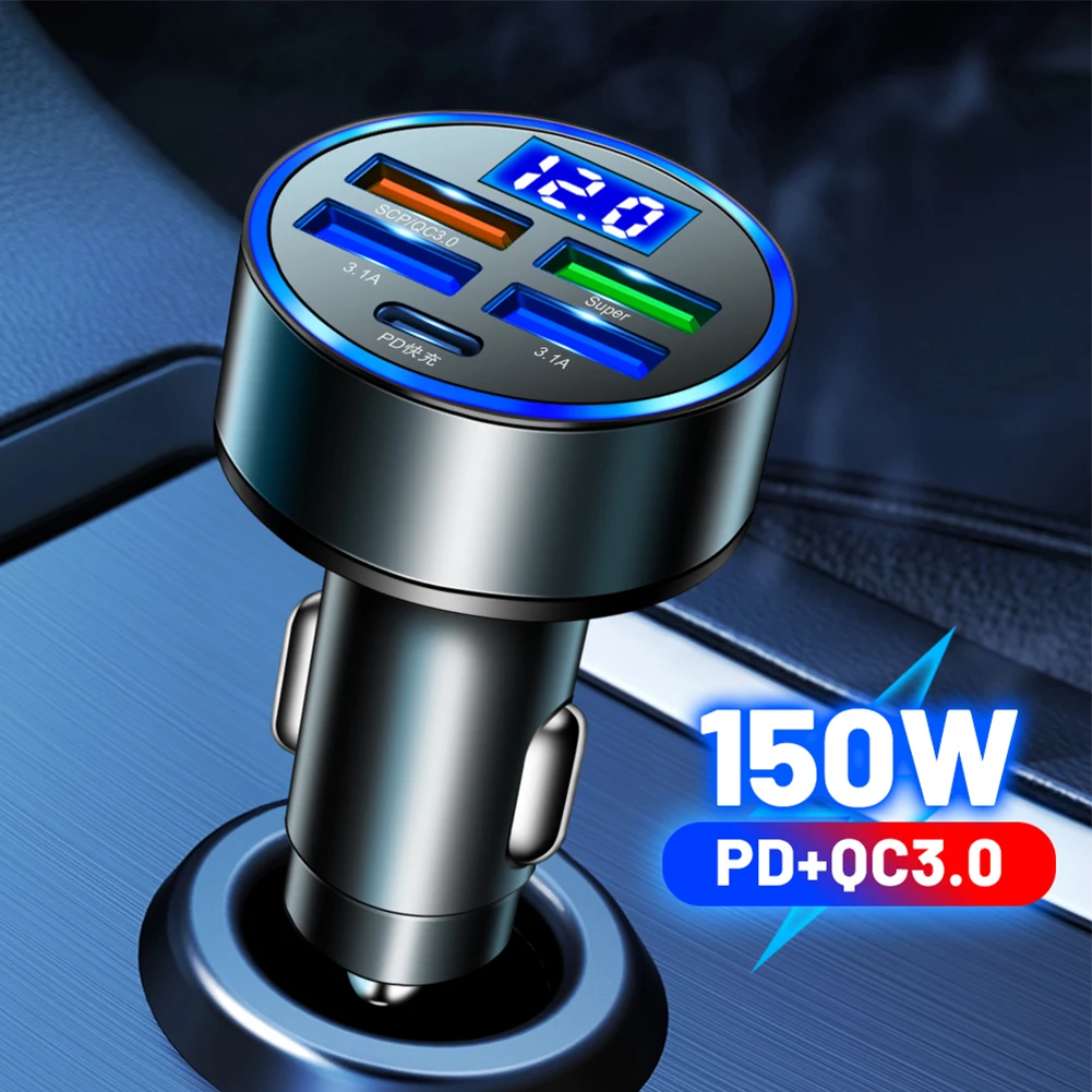 

4 Port USB Car Charger Type C PD 150W Fast Charging Adapter For Huawei OPPO Oneplus IPhone 14 Pro Max 13 12 11 Mini XS Xiaomi