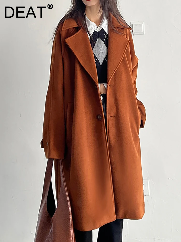 DEAT Fashion Women's Woolen Coat Lapel Loose Single Button Full Sleevepocket Solid Color Overcoat Spring 2023 Trend New 17A5698