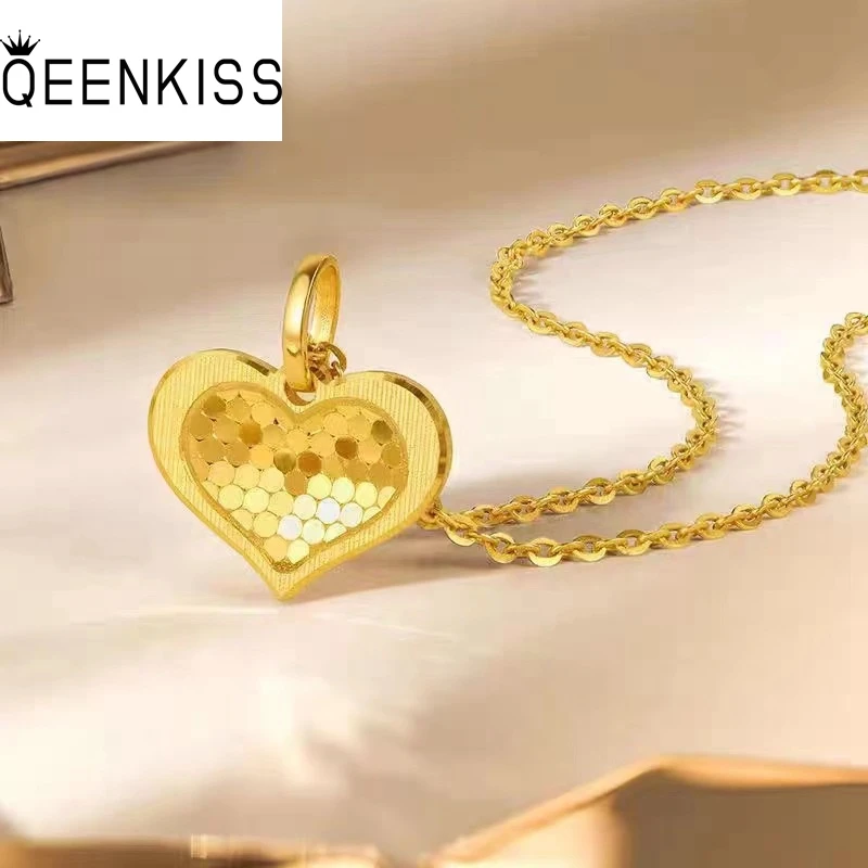 

QEENKISS 24KT Gold Shiny Heart Necklace Pendant For Women Fine Jewelry Wholesale Wedding Party Bride Lady Girlfriend Gift PT5127