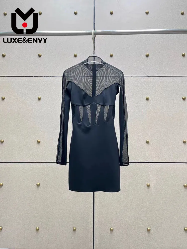

LUXE&ENVY Fishbone Sexy Perspective Obscure Mesh Splice Elastic Slim Fit Mini Short Hip Dress