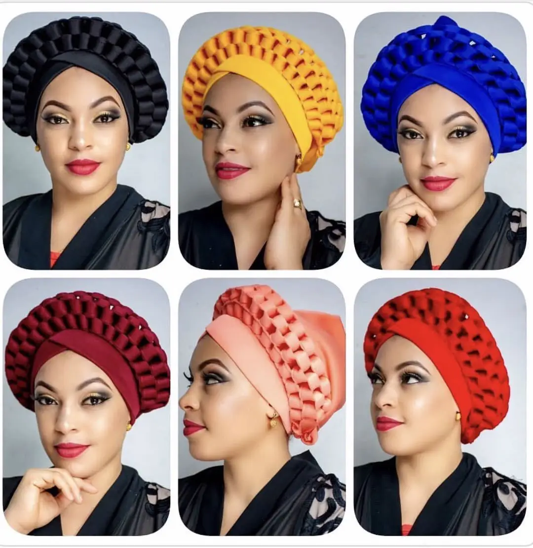 

2Pcs Women Muslim Hijab Cap Bonnet Hat Pre-Tied Headscarf Indian Turban African Auto Geles Aso Oke Headtie Already Made Headties