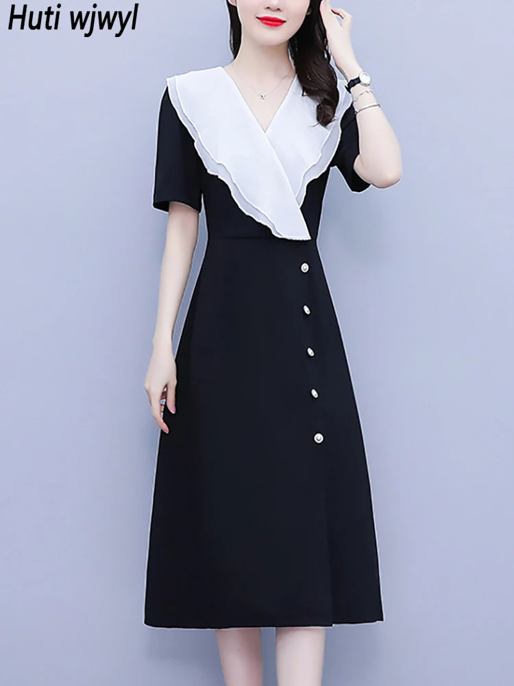 

2023 Black Patchwork Ruffled V-Neck Midi Dress Women Korean Vintage Evening Dress Summer Elegant Bodycon Chic Casual Party Dress