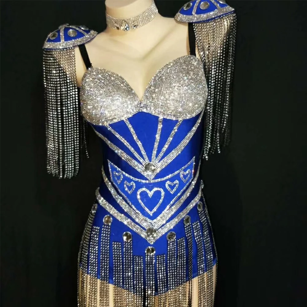 

Blue Shining Rhinestones Crystal Long Tassel Bodysuits For Women Singer Stage Performance Costumes Party Carnival Wears