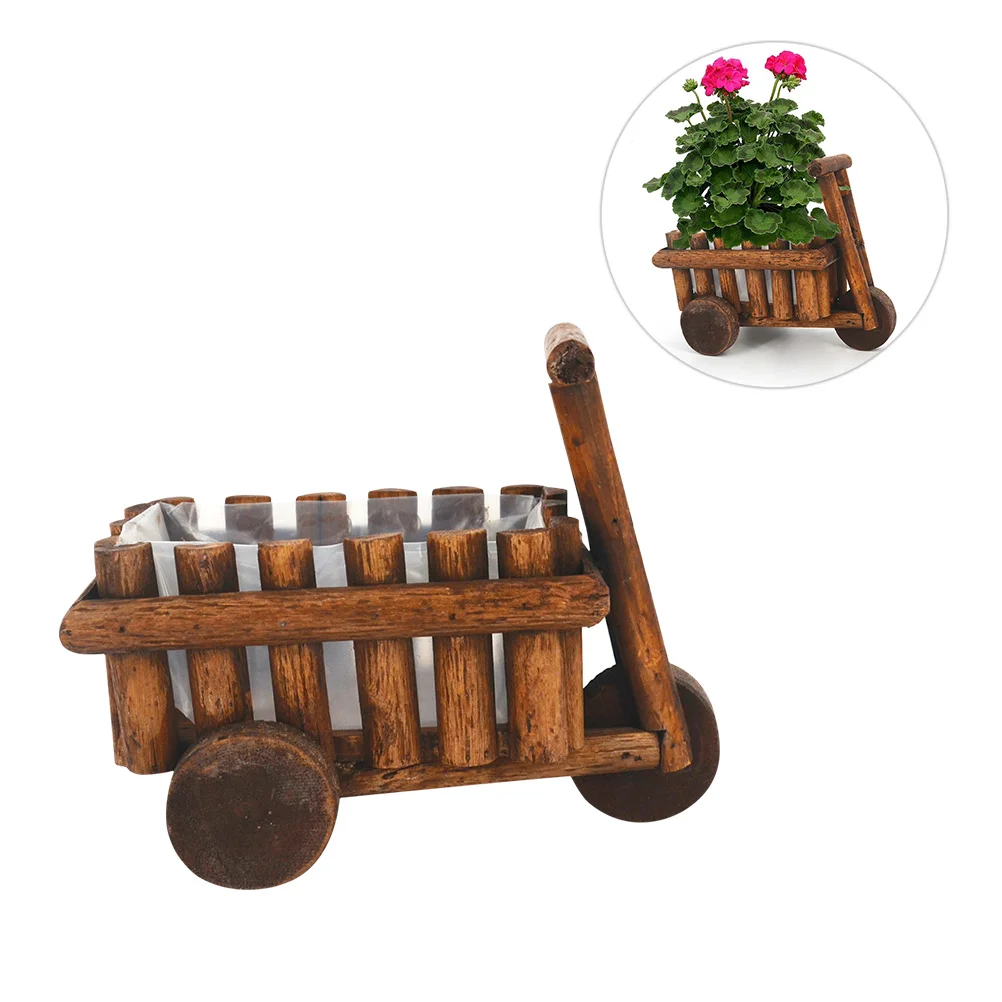 

Wooden Planter Flower Pot Cart Decorative Flowerpot Wagon Outdoor Rustic Wheelbarrow Farmhouse Wood Planters Pots Organizer