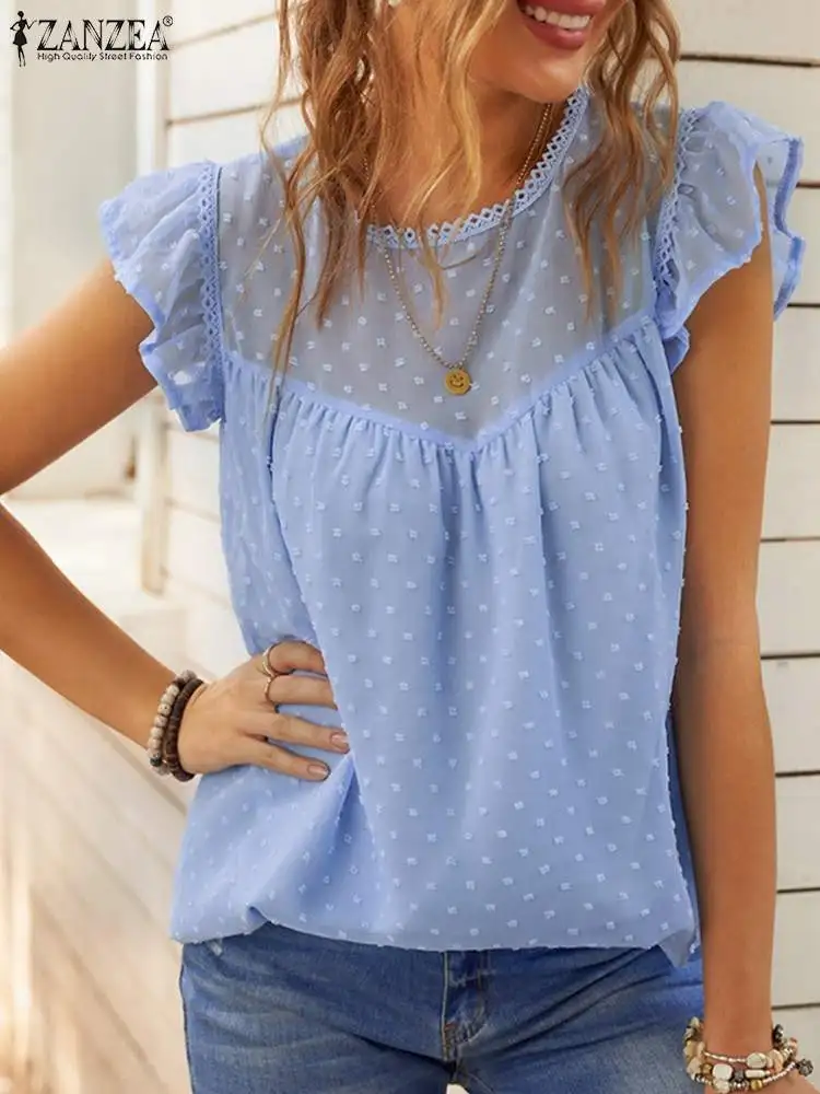 

ZANZEA Women Summer Solid Lace Blouse Short Sleeve O-Neck Thin Shirt Bohemian Holiday Elegant Casual Fashion Loose Beach Tops