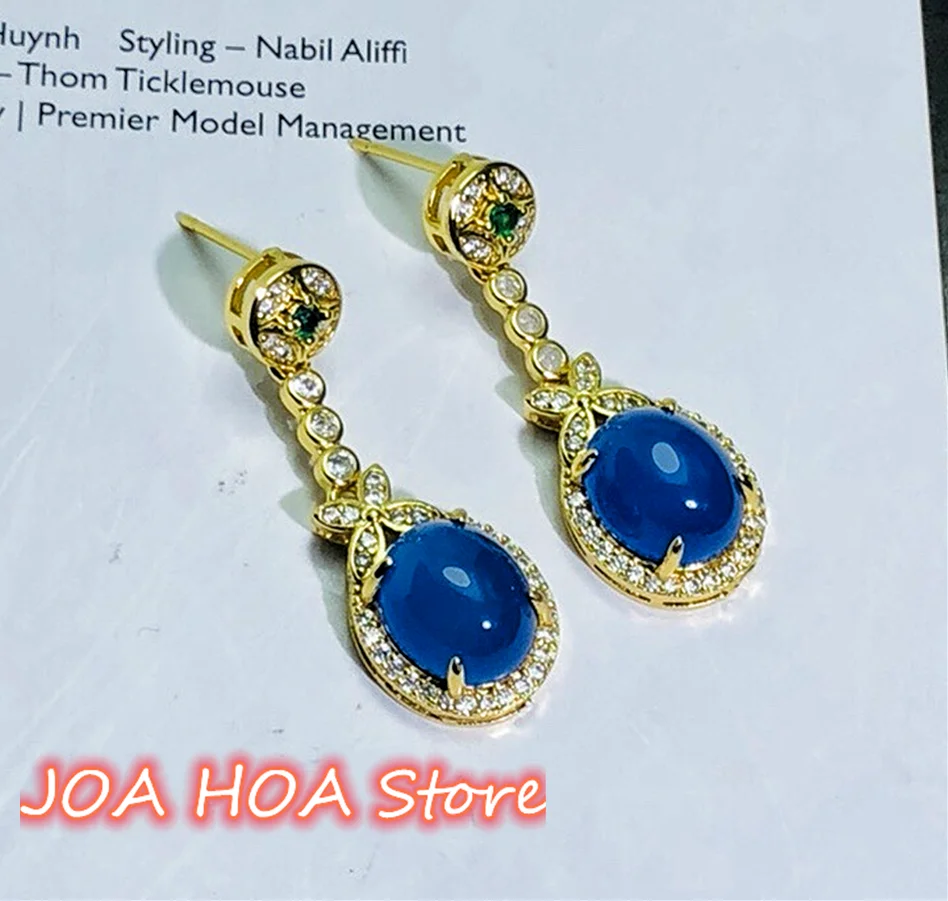 

925 Silver Gold-plated Inlaid Genuine Blue Chalcedony Agate Jade Earrings Perfect Jewelry Accessories Fine Eardrop