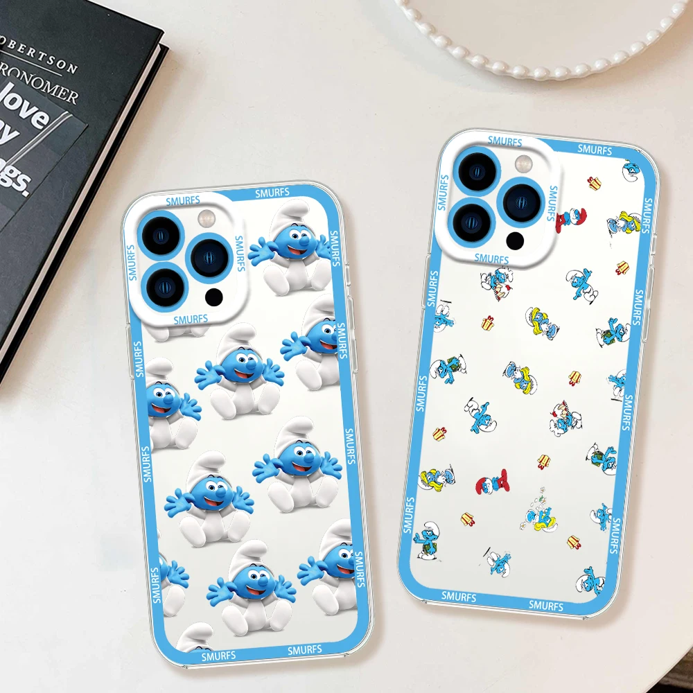 Фото Мультфильм S-Smurfs CUTE для iPhone 12, 11, 13, 14, 15, 16, Max Pro Plus, мини-защитный чехол, прозрачная рамка №1