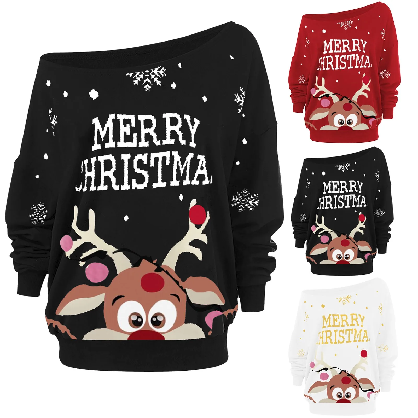 

Women Fashion Solid Color Christmas Print Long Sleeve StraplesCollar T-Shirt Cotton Tops for Women Soft Fit Tee Women