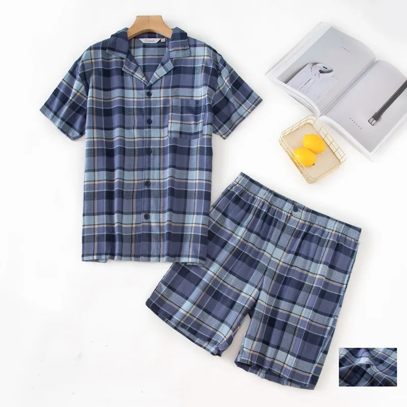 Plaid Pajamas Set Casual Sleepwear For Man Soft Pyjama Men's V-Neck Short Sleeve Shirt Shorts 100% Cotton Fashion Home Big Set