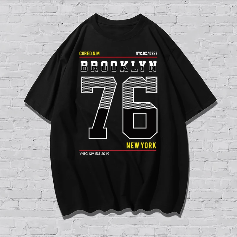 

Хлопковая футболка с круглым вырезом для мужчин и женщин, Повседневная Свободная летняя футболка с коротким рукавом и принтом букв BROOKLYN 76