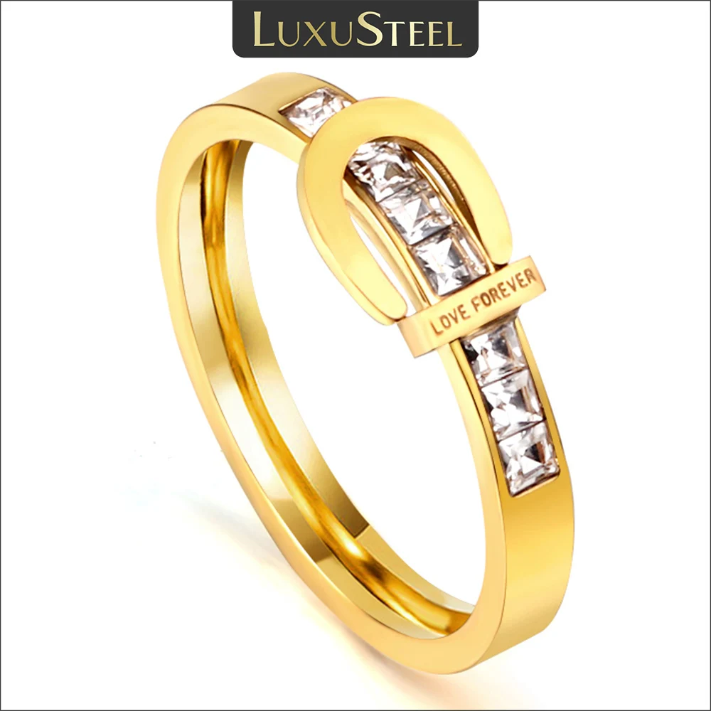 

LUXUSTEEL Luxury White Zircon Belt Buckle Shape Rings For Women Gold Color Stainless Steel Rhinestone Love Forever Wedding Ring