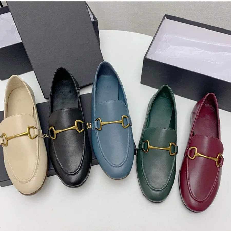 Jenny&Dave Shoes Woman England Style Office Lady Fashion Simple Genuine Leather Flat Shoes Slip-On Loafers  Gold Buckle Shoes