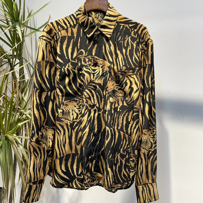 

2022 New Spring High Quality Silk Yellow Leopard Grain Button Cuff Design Long Sleeve Vintage Fashion Blouses Ladies Clothes