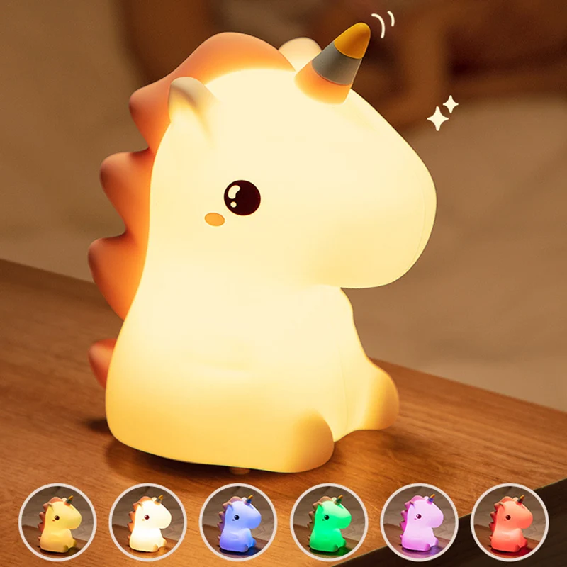 Cute Silicone Night Light Unicorn For Kids Led USB Rechargeable Cartoon Animal Dinosaur Bedroom Decor Touch Night Lamp For Gifts