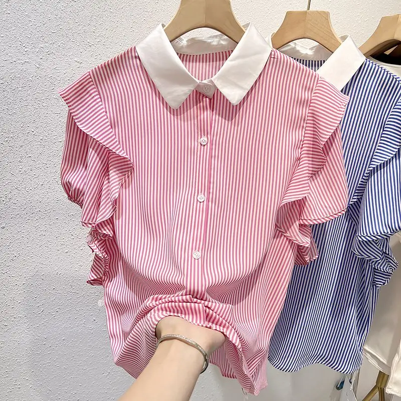 Корейская полосатая Свободная блузка летняя новая тонкая шифоновая рубашка с