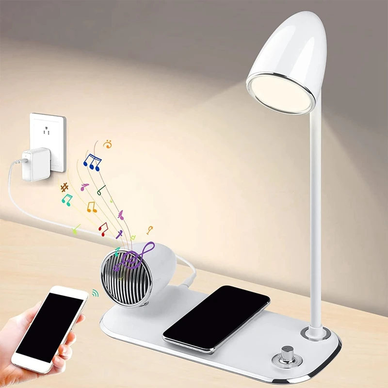 

LED Desk Lamp With Wireless Charging Function,Dimmable Table Lamp With Bluetooth Speaker, Eye Protection Reading Lamp