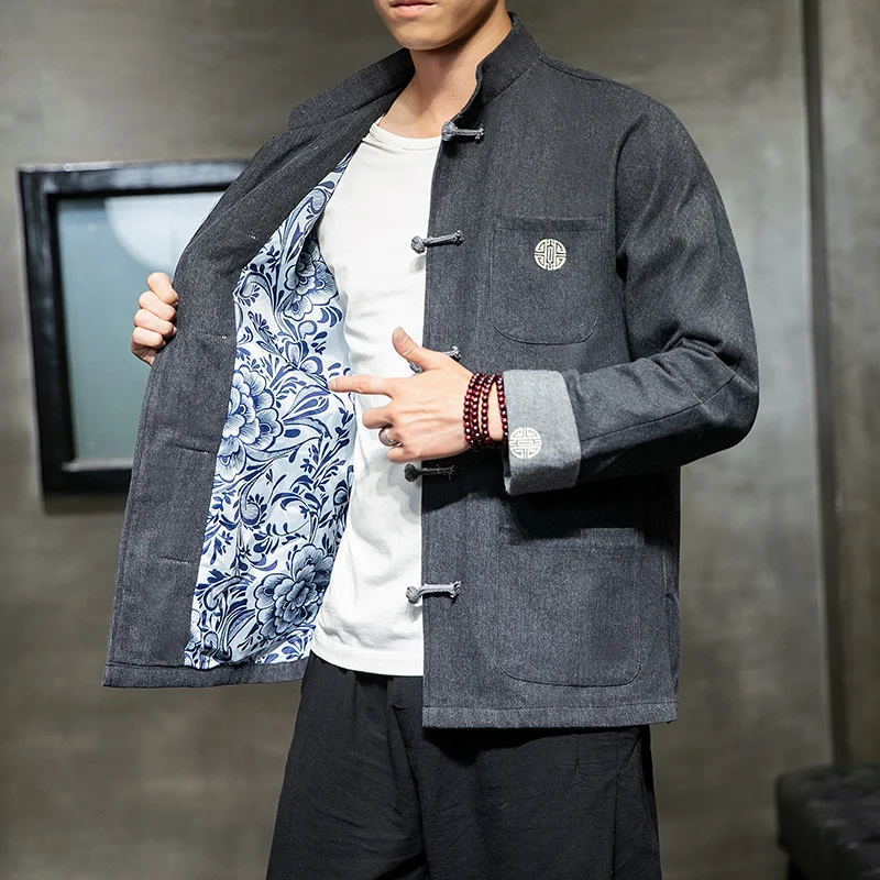 

Китайская Весенняя стильная модная Высококачественная джинсовая куртка 2023, Мужская одежда, ретро костюм тай-чи Тан, искусственное Мужское ...