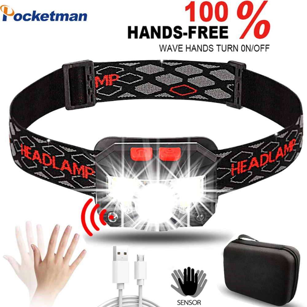 

Most Powerful LED Headlight Sensor Head Light USB Rechargeable Headlamp Head Torch Head Flashlight Waterproof for Camping Hiking
