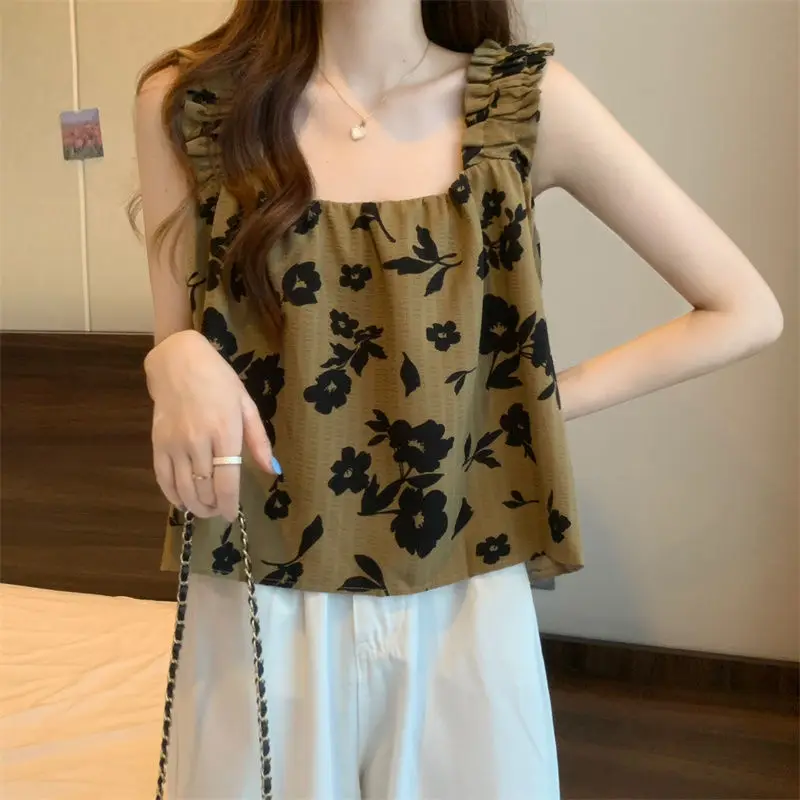 

Pullovers Sleeveless Camis Square Collar Pleated Printing Sweet Young Style Casual Loose Simplicity Elegant New Women's Clothing