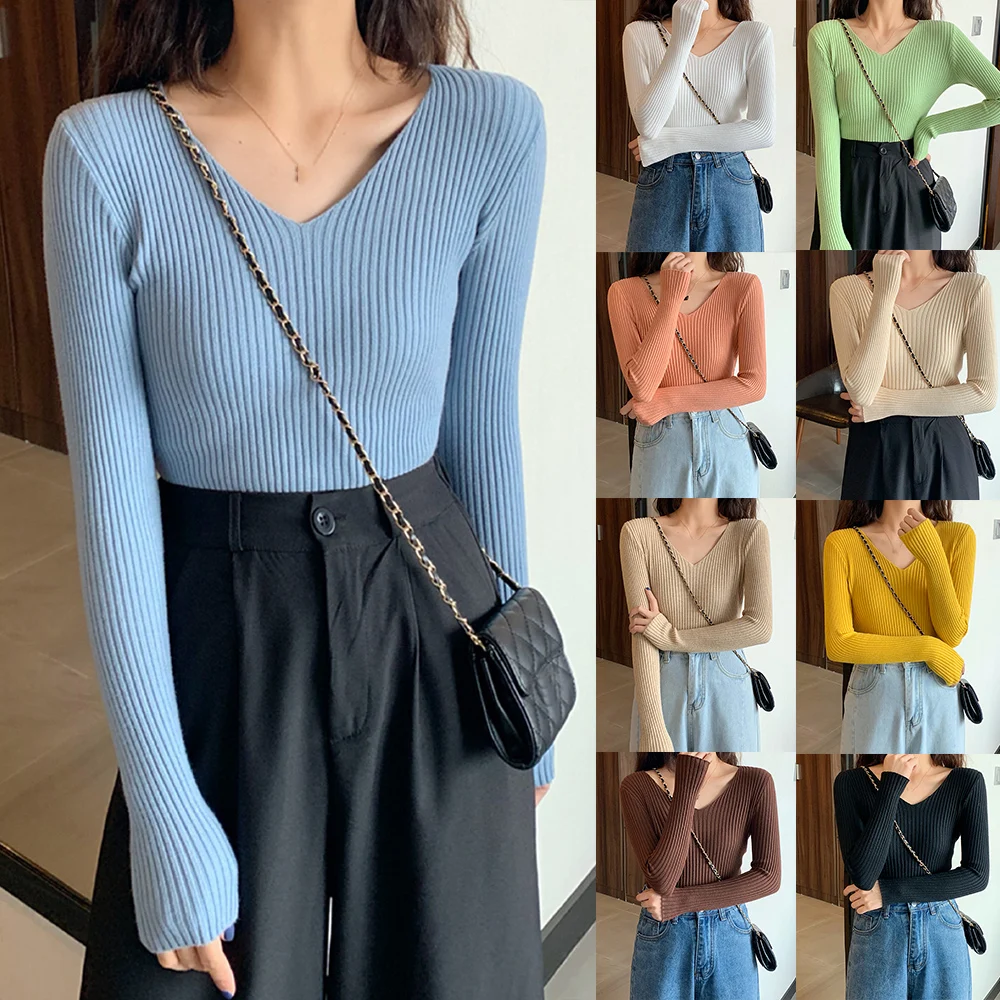 Облегающий пуловер свитер джемпер вязаные топы женский в рубчик с длинным