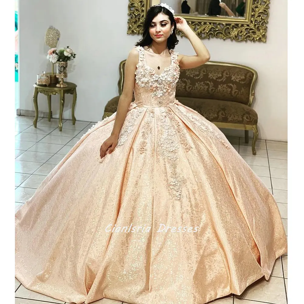 

Champagne Sweetheart Open Back Quinceanera Dresses Ball Gown Floral Appliques Lace Flowers Corset For Sweet 15 Girls Party