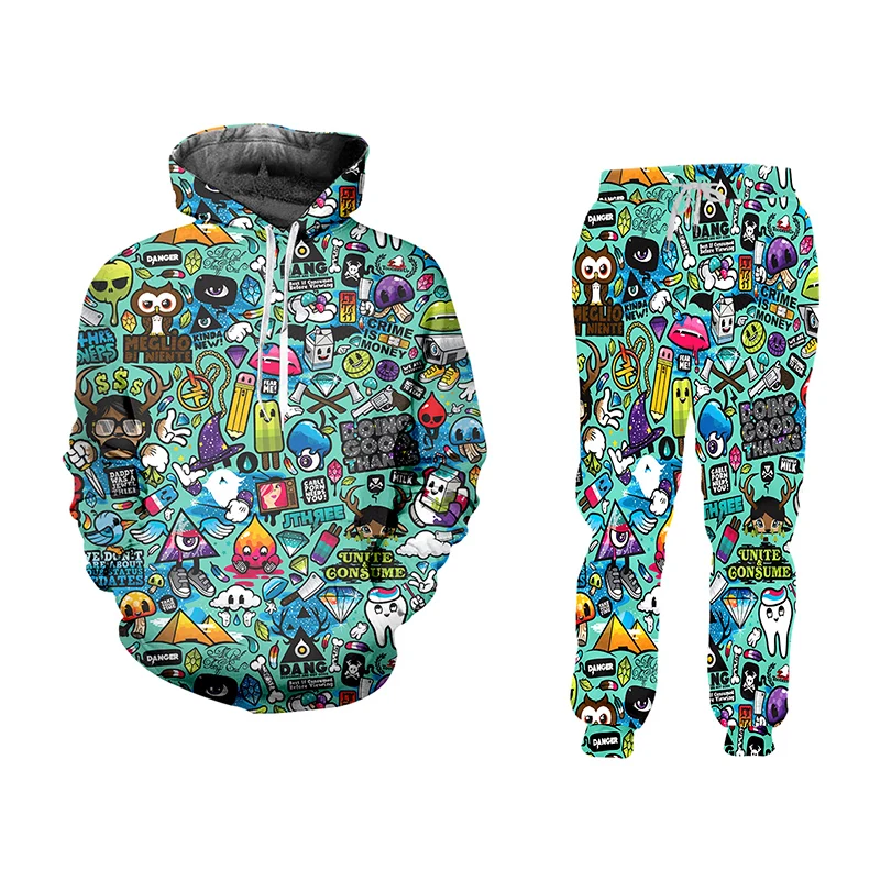 

Streetwear 2 Pcs Sets Women Green Multi-element Graffiti Men's Suits 3D Printed Hip Hop Casual Street Art Hoodies&Pants Clothes