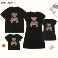 mother daughter dresses summer short sleeve bear print knee dress mom daughter father and son t shirt matching family outfits