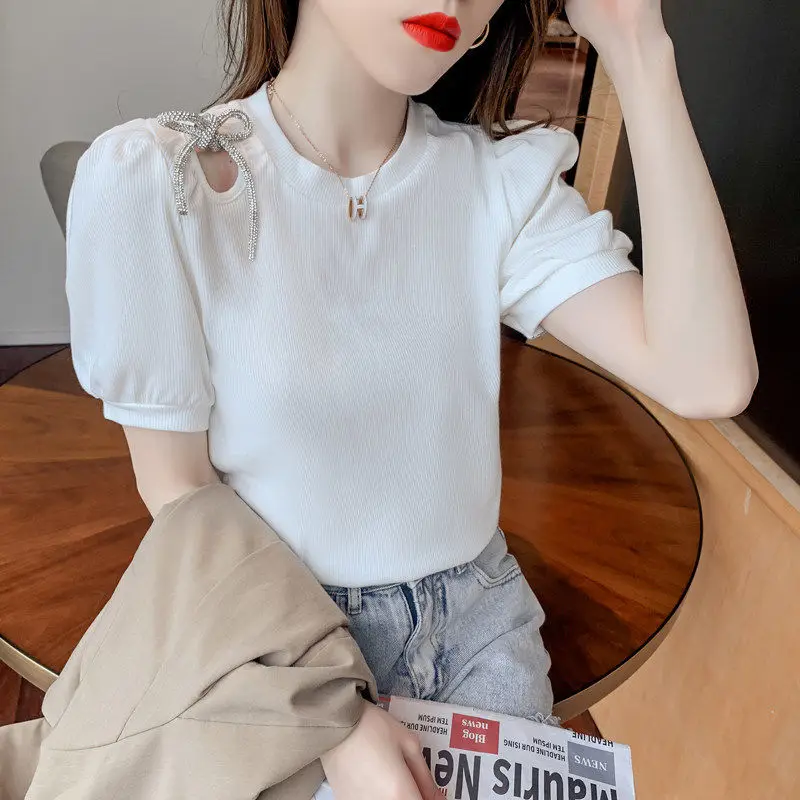 

Women's Summer Fashion White Hollow Out T Shirt Korean Chic Graceful Bowknot Knitted Tops 2022 New Lady Joker Black Pullover