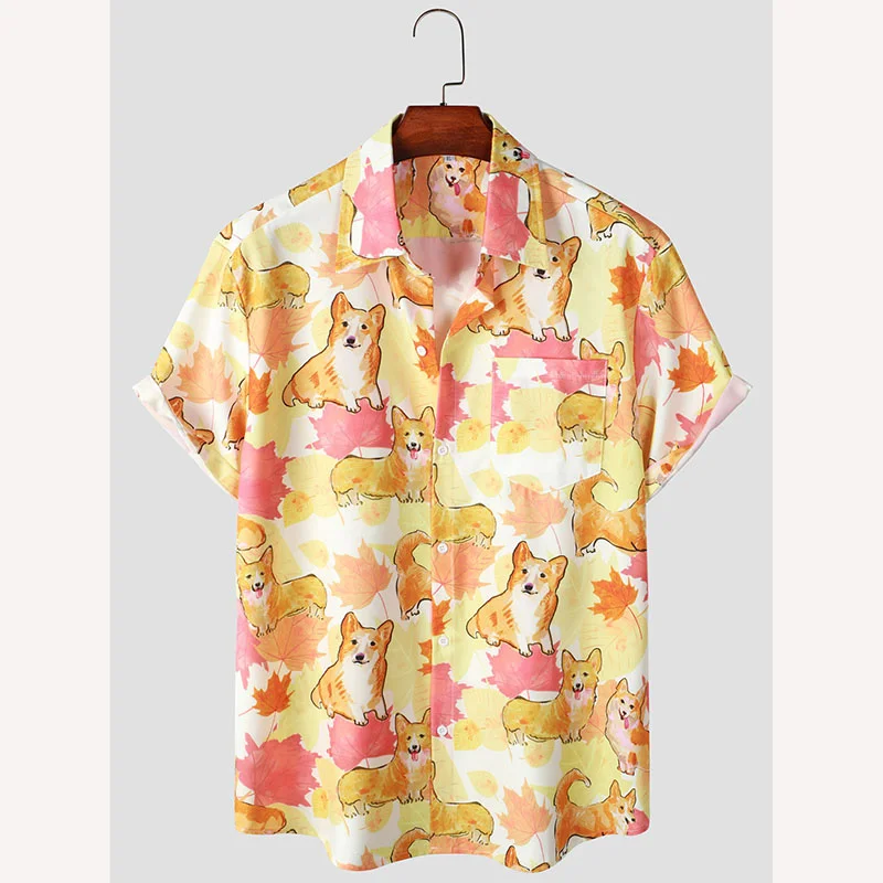 

Рубашка мужская оверсайз с коротким рукавом, повседневная с 3D-принтом симпатичной собаки уэльской корги, крутая, для отпуска, курортный Топ, детская одежда, на лето