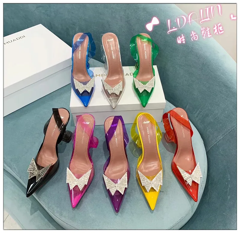 

Awge Phoenix Sling Pvc Crystal Butterlfy bow slingback pumps Glass Transparent Pointed Toe rhinestone Amina Muaddi diamond heels