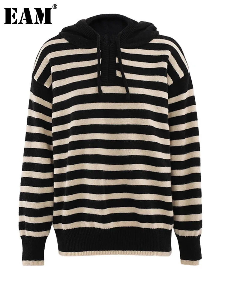 [EAM] Черный полосатый вязаный свитер большого размера с капюшоном и длинными