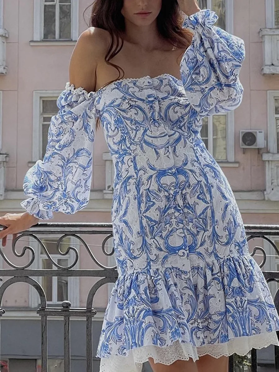 

2023 Spring/Summer Women's Square Neck Long Sleeve Waist Wrapped Lotus Leaf Cut Out Embroidery Single breasted Dress Short Dress