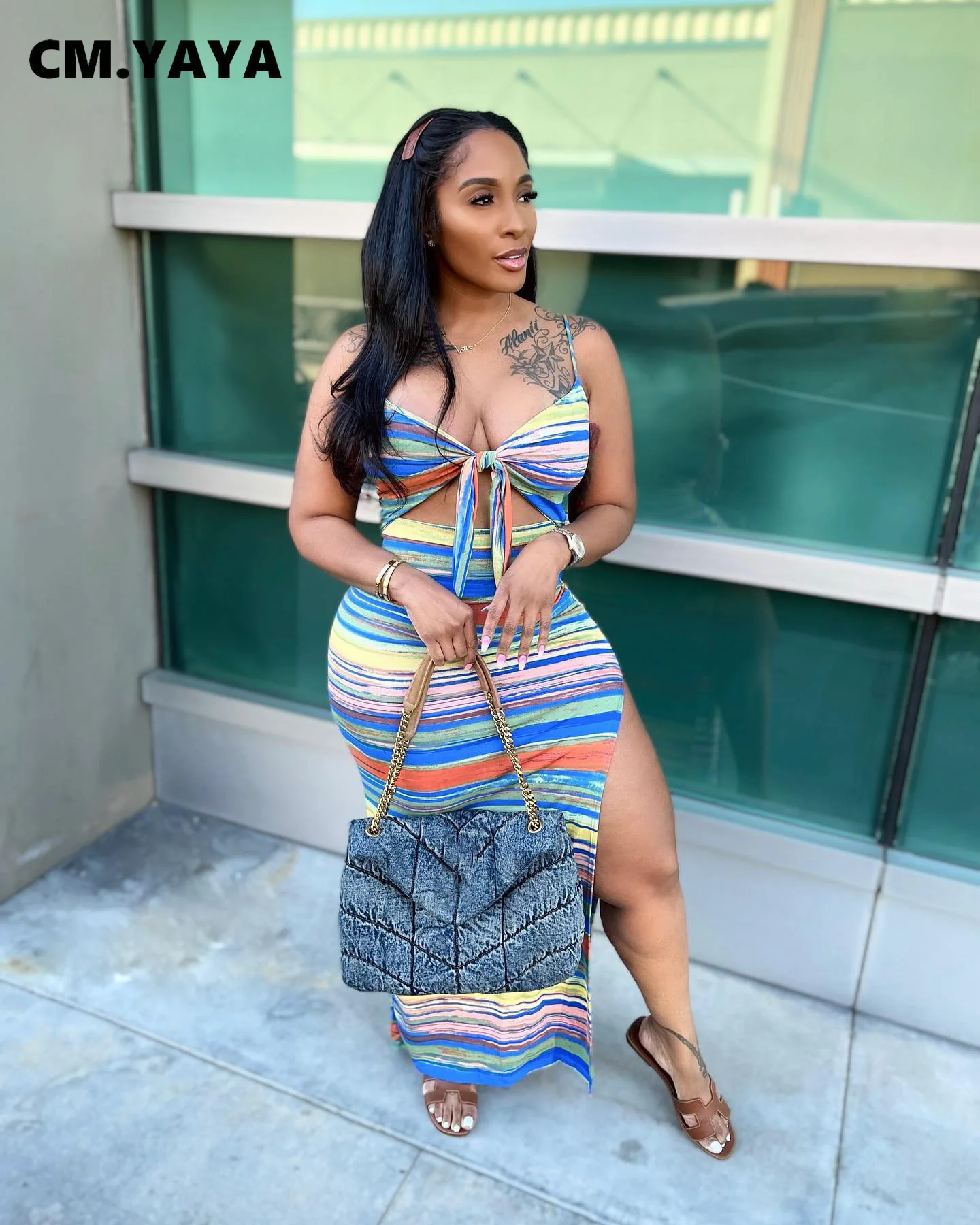 

CM.YAYA Elegant Striped Sleeveless High Split Spaghetti Strap V-neck Bodycon Maxi Midi Dress for Women 2022 Summer long Dresses