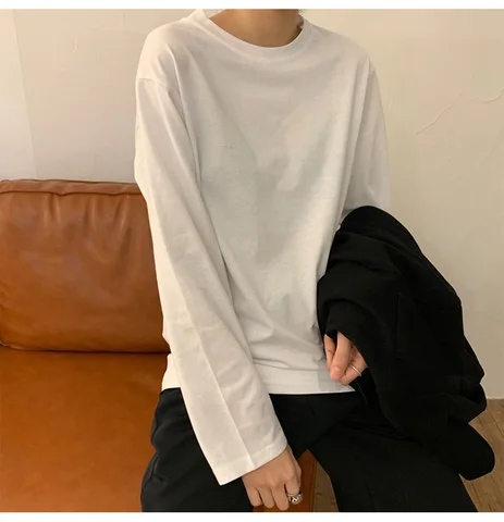 Женские однотонные белые черные футболки, осень-весна, о-образный вырез, длинные свободные футболки