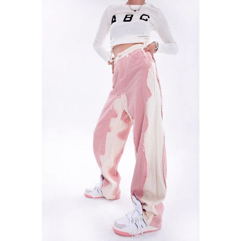 

Casual Street Hip Hop Fashion Mom Denim Trouser Pink Women's Jeans Wide Leg Pants High Waist Baggy Vintage Straigh Denim Pants