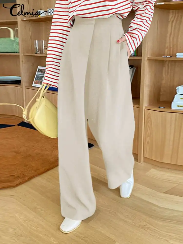 

Женские плиссированные брюки Celmia с высокой талией, однотонные элегантные свободные брюки с широкими штанинами, летние офисные повседневны...