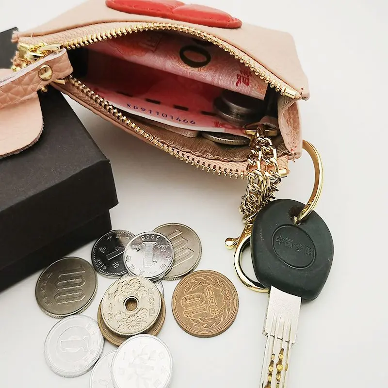 Genuine 100% Cow Leather Heart Coin Purse Key Holder Ladies Cute Patch Small Wallet pouch key holder coin bag wallets women Purs